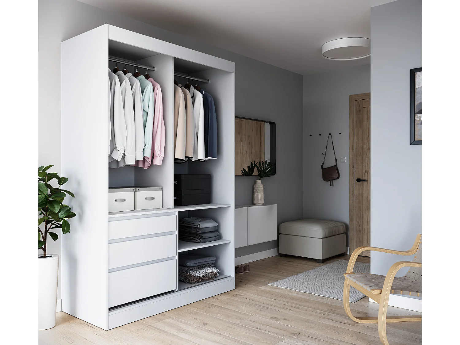 Armoire coulissante 2 portes KEDAR 140cm avec miroir - Compacte et élégante-Blanc