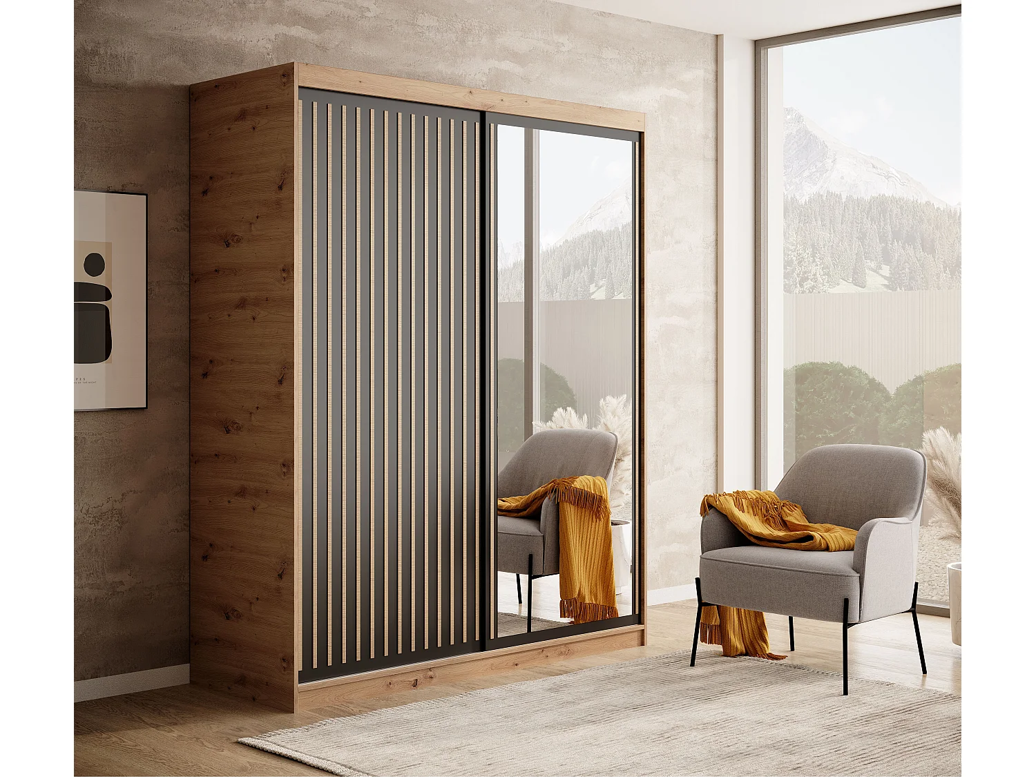 Armoire coulissante BIZEN avec lames décor bois et miroir – Moderne et chaleureux-Beige/Noir-Largeur 160 cm