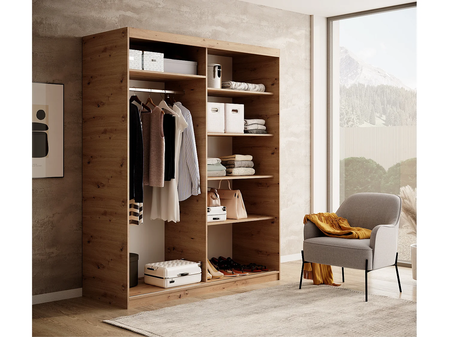 Armoire coulissante BIZEN avec lames décor bois et miroir – Moderne et chaleureux-Beige/Noir-Largeur 160 cm