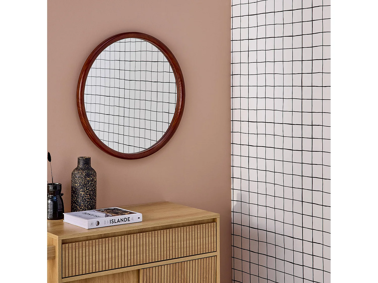 Specchio rotondo in legno di pino, 60cm, marrone