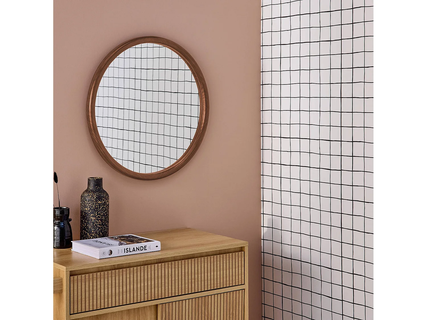 Espejo redondo de madera de pino decorativo de pared, 60cm nogal