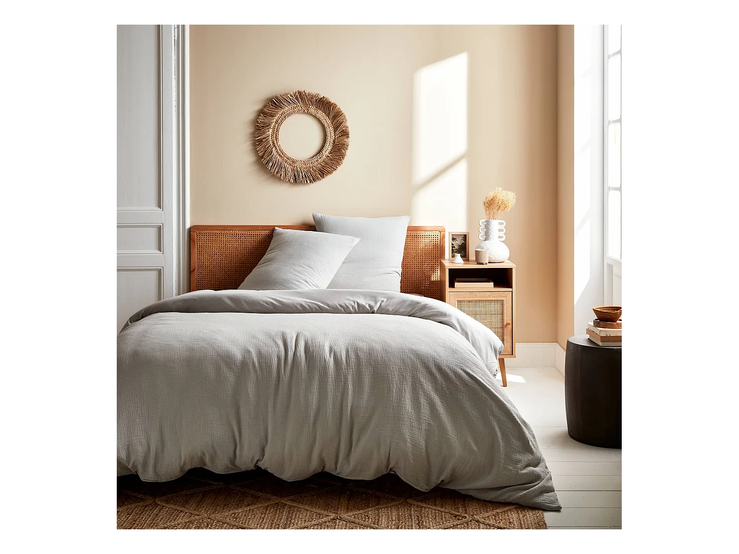 Juego de cama de gasa de algodón gris claro, 2 plazas