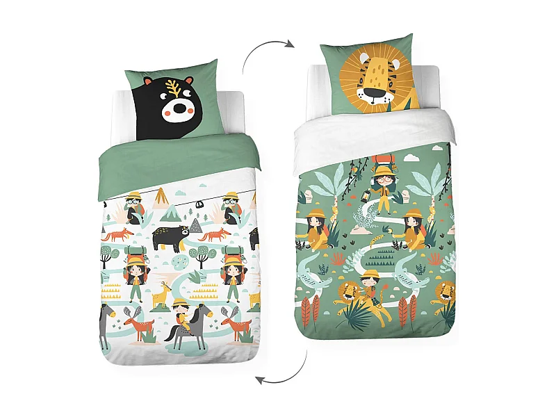 Parure de lit réversible imprimé Montage et savane en coton adouci. Gaston. 1 housse de couette. 1 taie d'oreiller 140x220cm