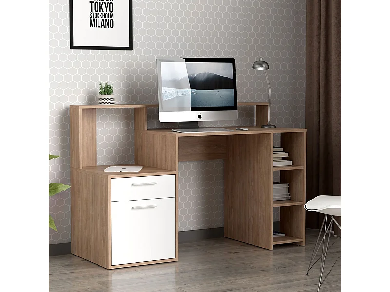 Bureau avec étagères, porte et tiroir L138,5cm Pacolo Bois clair et Blanc