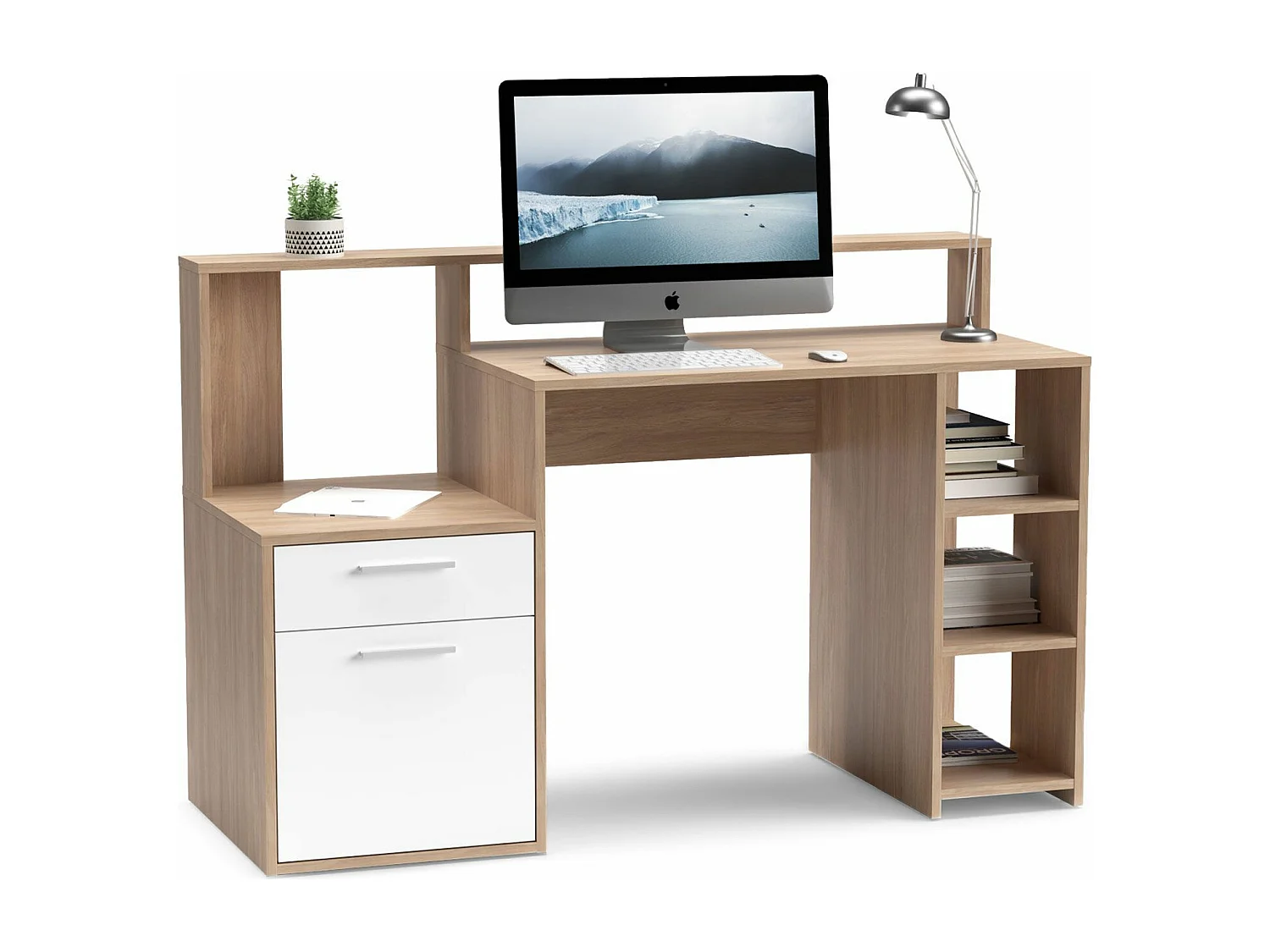 Bureau avec étagères, porte et tiroir L138,5cm Pacolo Bois clair et Blanc