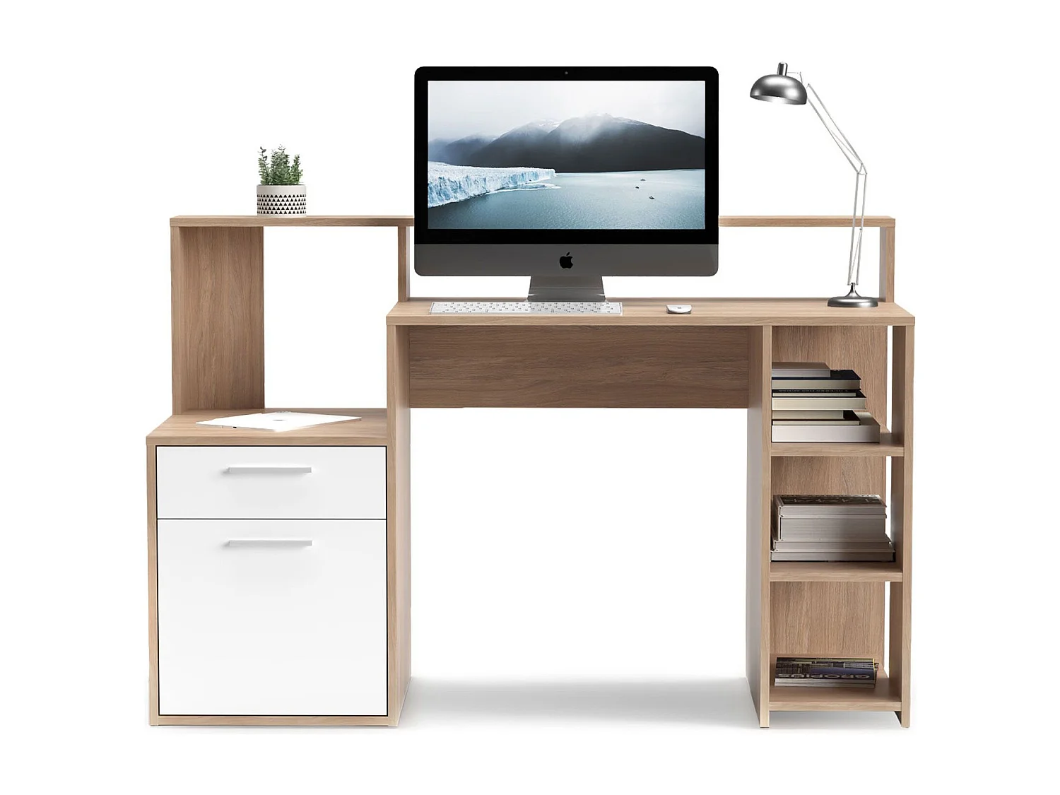 Bureau avec étagères, porte et tiroir L138,5cm Pacolo Bois clair et Blanc