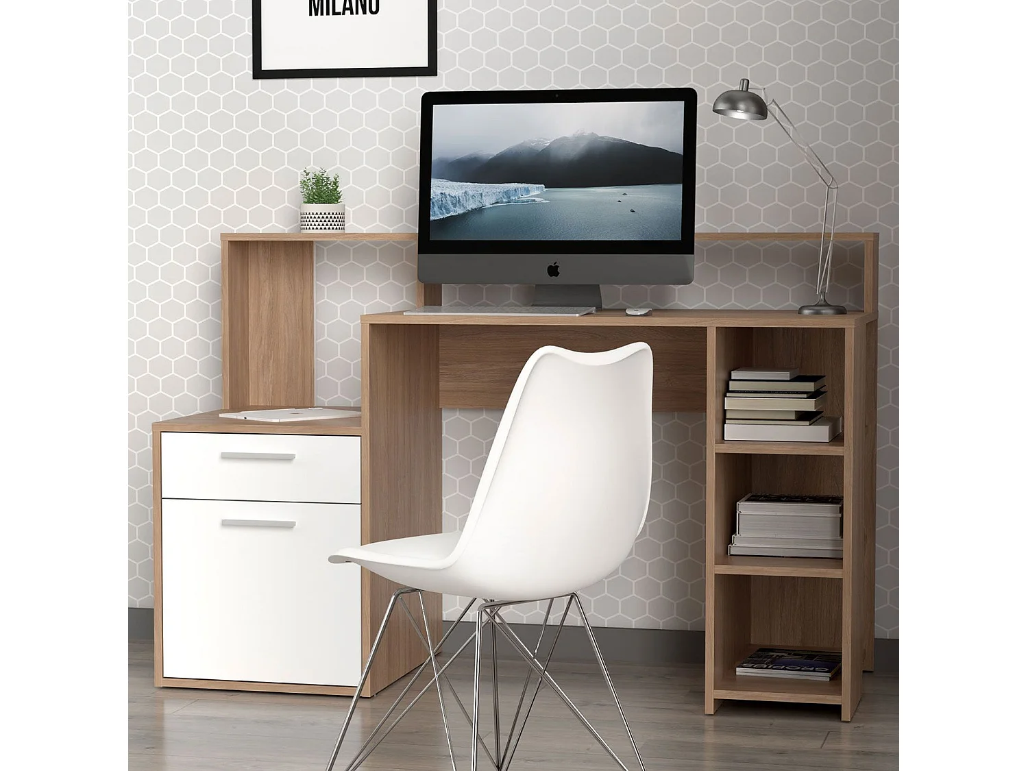 Bureau avec étagères, porte et tiroir L138,5cm Pacolo Bois clair et Blanc