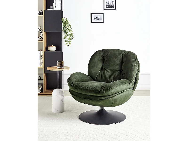 Sessel Samt dunkelgrün gesteppt mit Drehfunktion Metallgestell schwarz Retro Nolvik