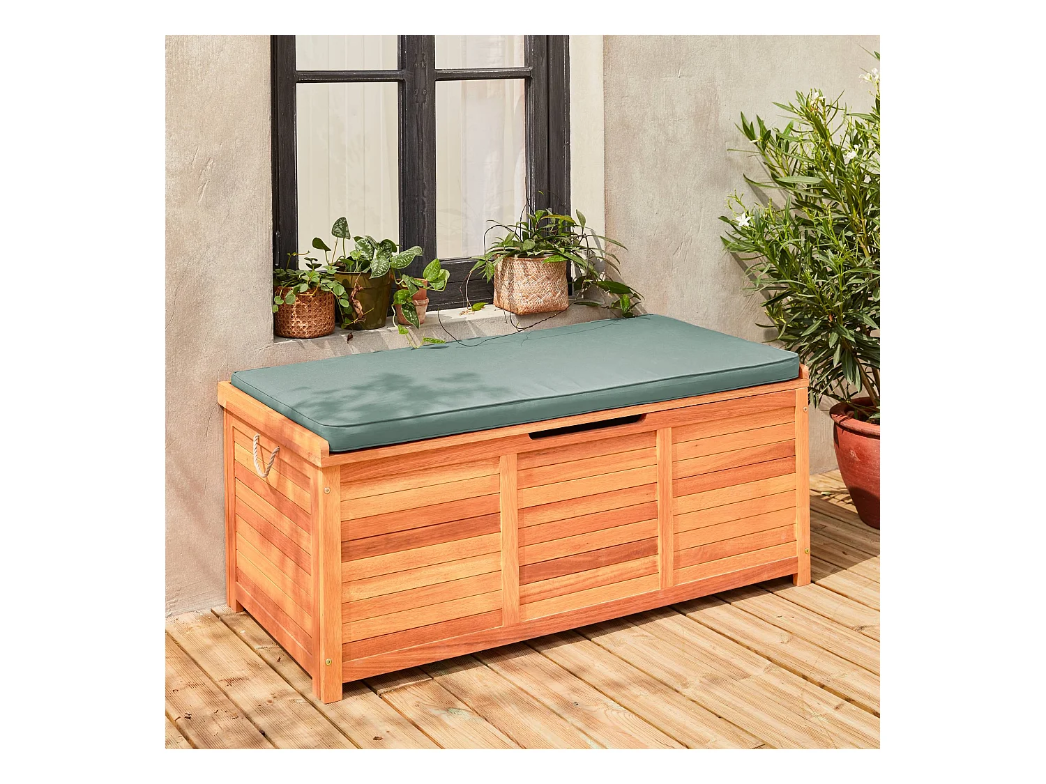 Coffre de jardin 200L en bois - Caja kaki - 125x60cm rangement coussins avec 2 vérins et poignées