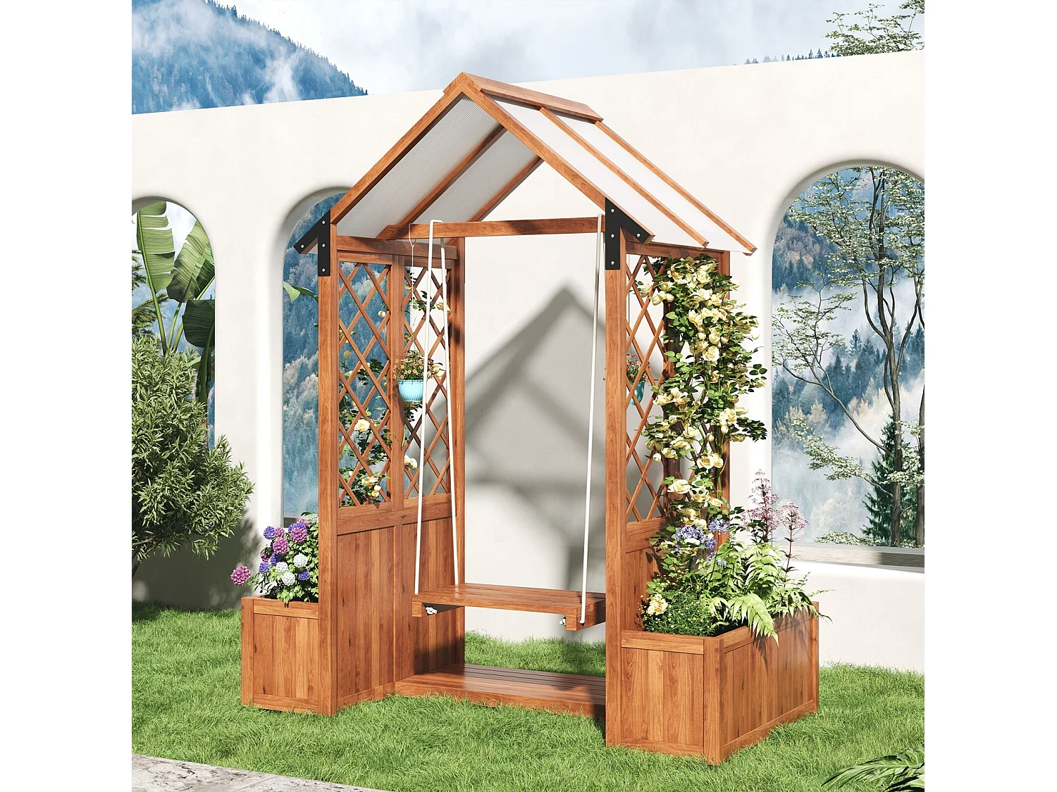 Plancheur met balancel trellis en dak - vaste spar - voor tuinterras - 142x70x163cm - bruin