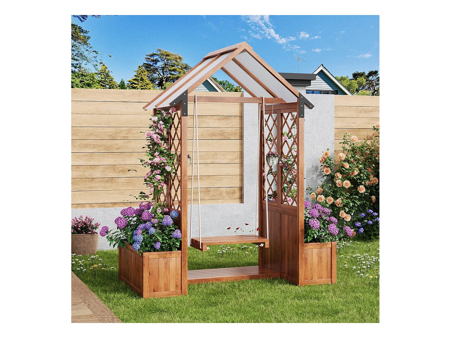 Plancheur mit Balancel -Gitter und Dach - Solid Tanne - für Gartenterrasse - 142x70x163 cm - braun