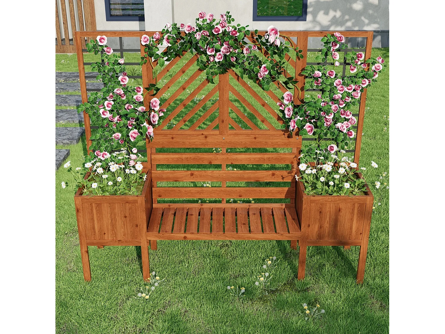 Plancheur met bruin trellis - in solide FIR - voor tuinterras - 170x42x145cm