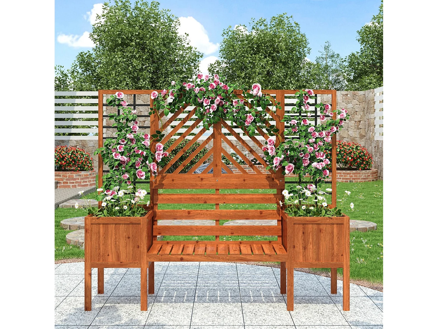 Jardinière avec treillis marron - en sapin massif - pour jardin terrasse - 170x42x145cm