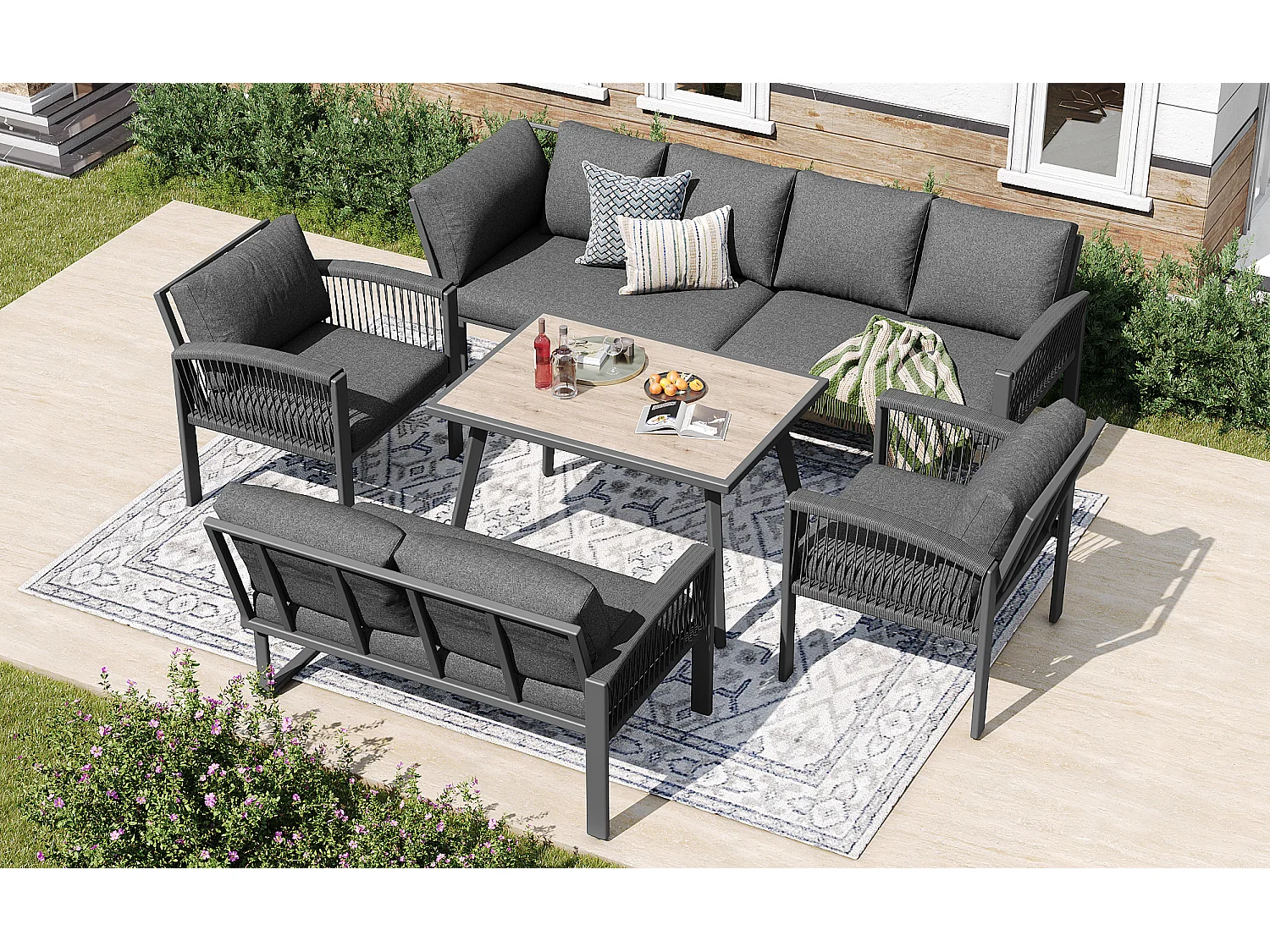 Modulair tuinmeubilair in gegalvaniseerd ijzer: 1 4-zitsbank + 1 2-zitsbank + 2 fauteuils + 1 salontafel - Grijs