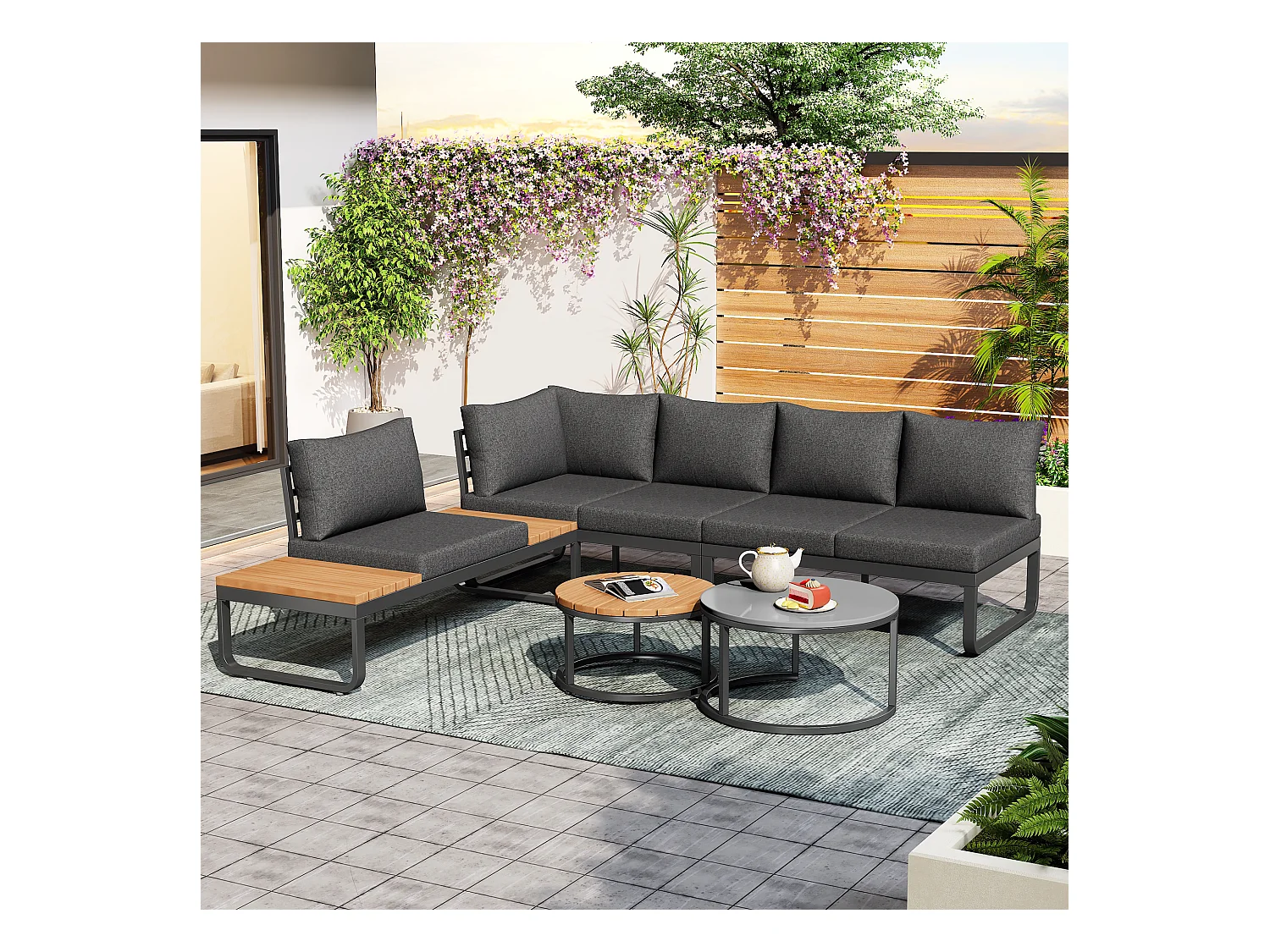 Móveis de jardim modulares em ferro galvanizado: 2 sofás de 2 lugares + 1 sofá de 1 lugar + 1 banco + mesas de centro encaixáveis - Cinza