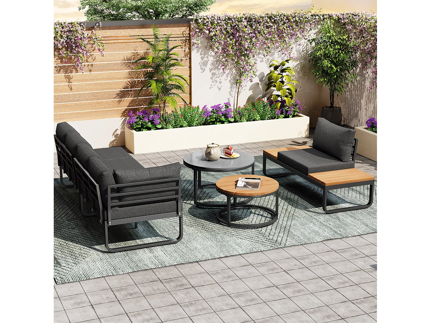 Salon de jardin modulable en fer galvanisé : 2 canapé 2 places + 1 canapé 1 place + 1 tabouret + tables basses gigognes - Gris