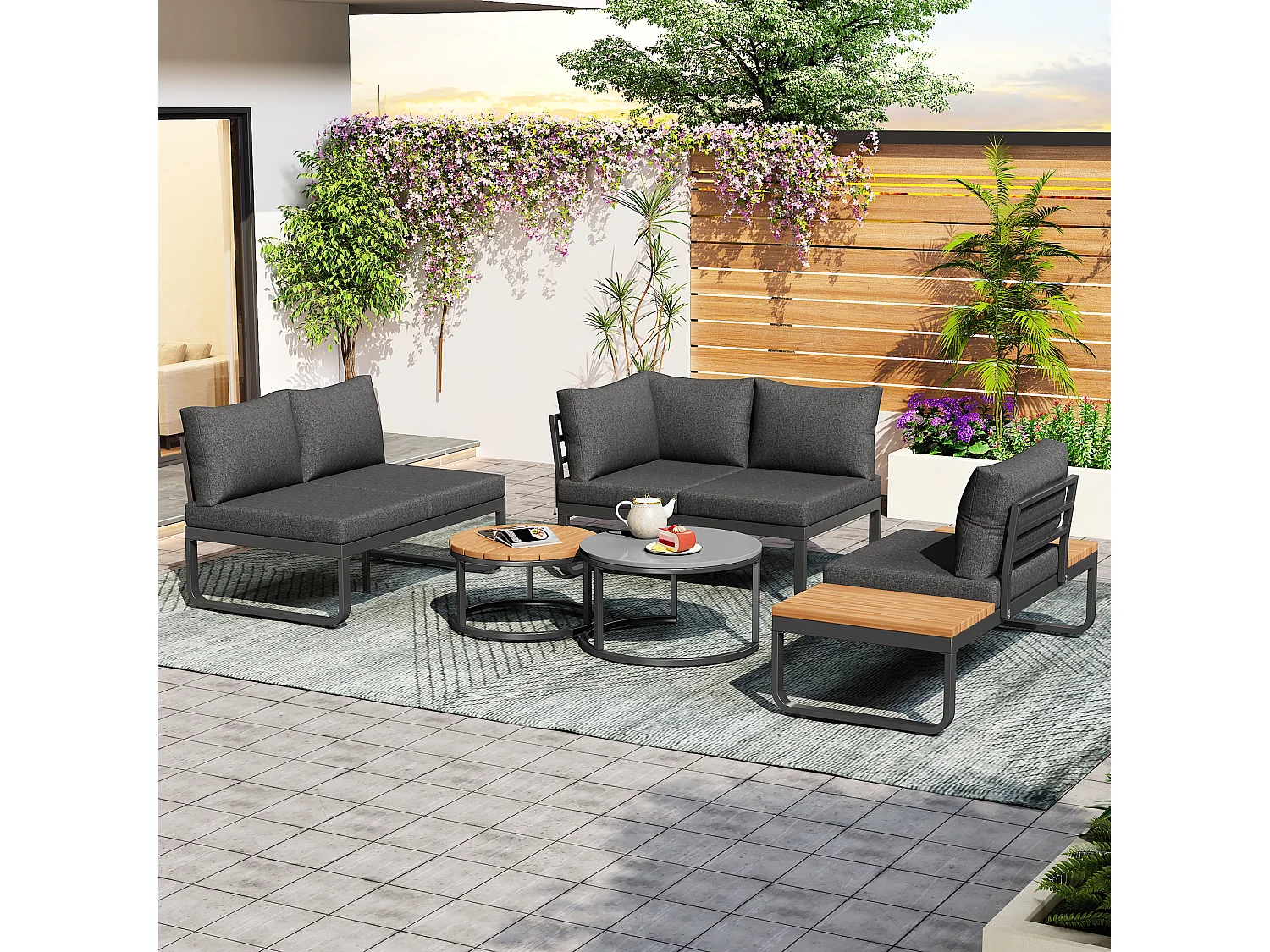 Salon de jardin modulable en fer galvanisé : 2 canapé 2 places + 1 canapé 1 place + 1 tabouret + tables basses gigognes - Gris