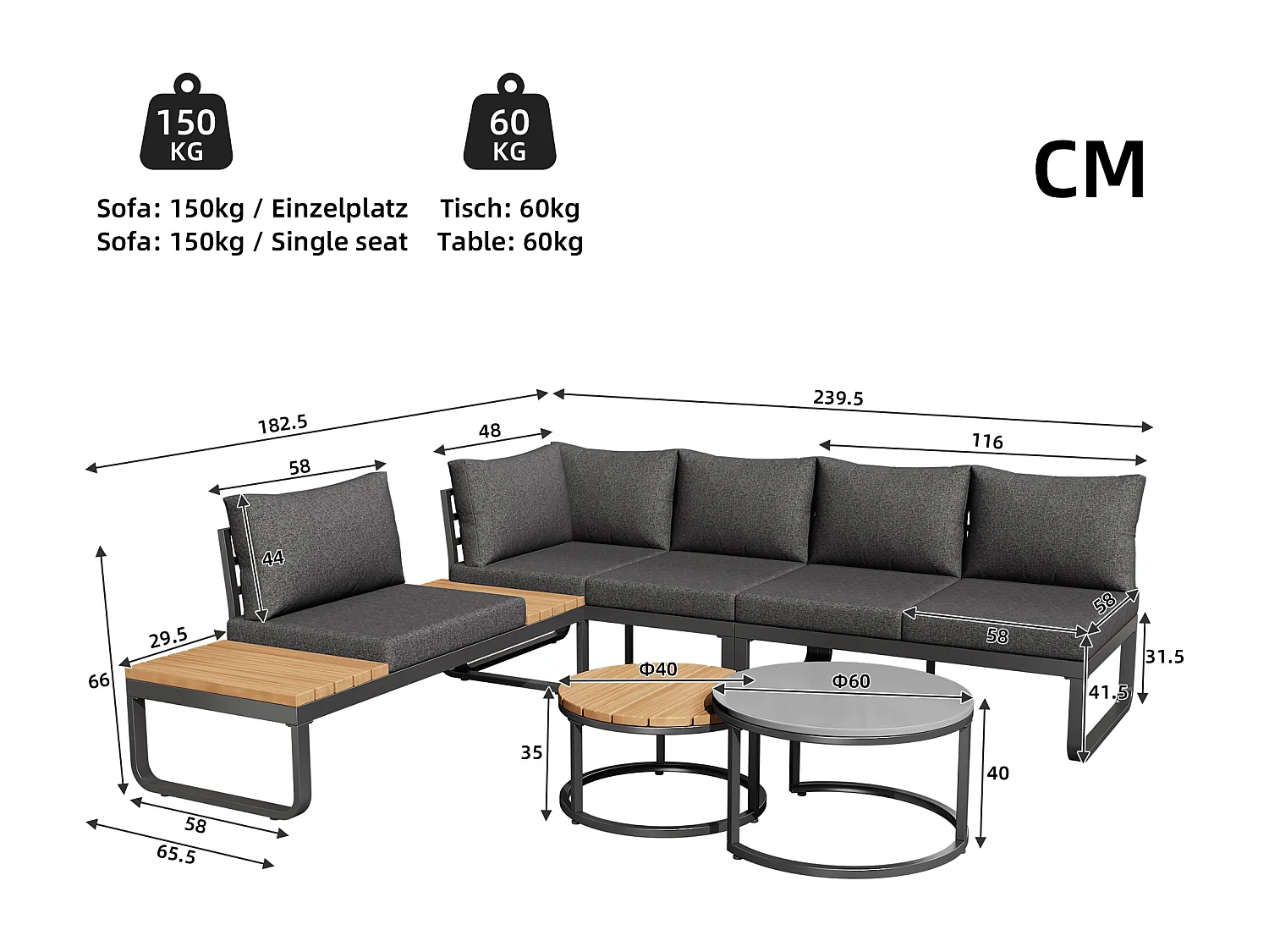 Salon de jardin modulable en fer galvanisé : 2 canapé 2 places + 1 canapé 1 place + 1 tabouret + tables basses gigognes - Gris