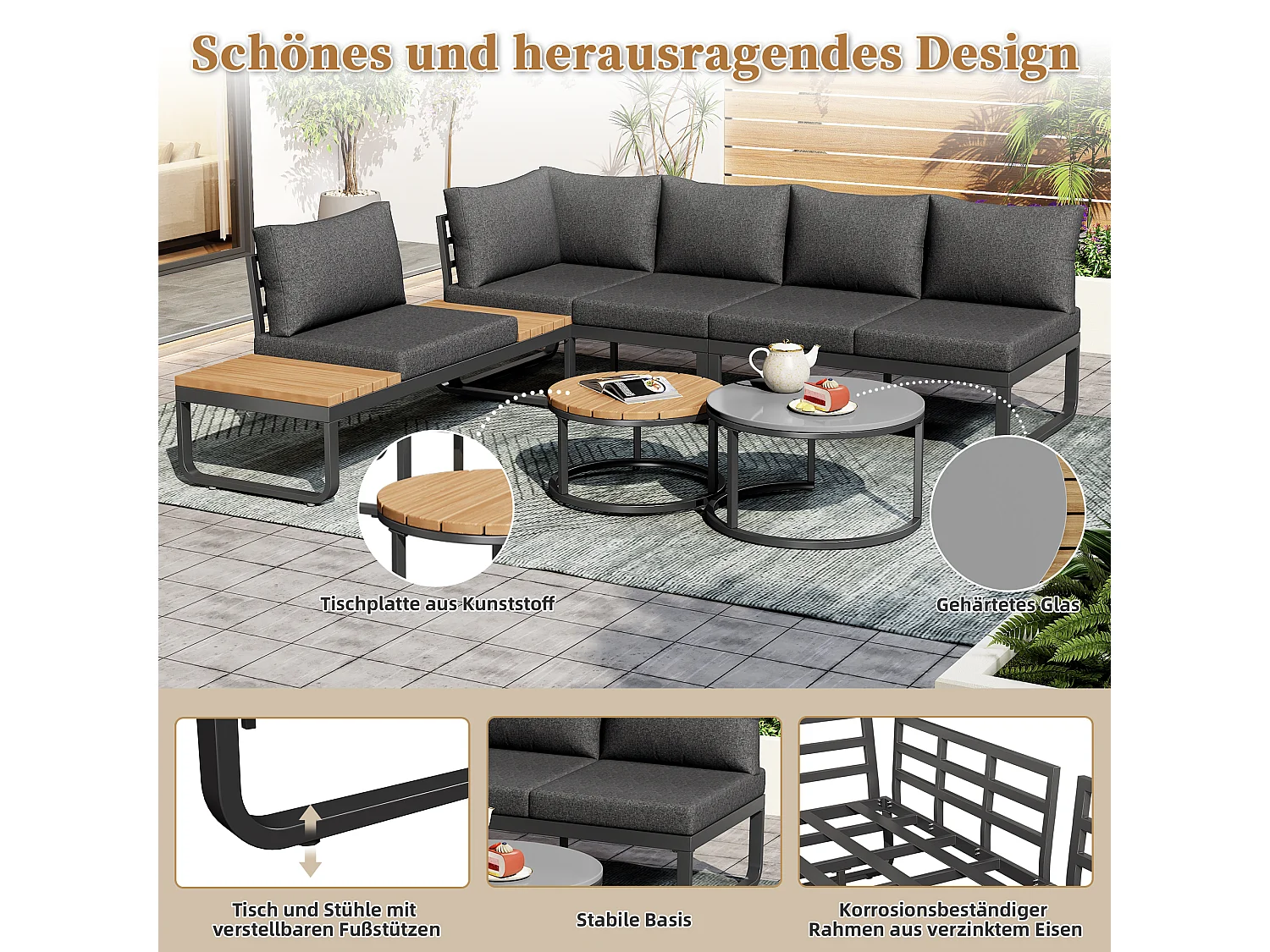 Salon de jardin modulable en fer galvanisé : 2 canapé 2 places + 1 canapé 1 place + 1 tabouret + tables basses gigognes - Gris