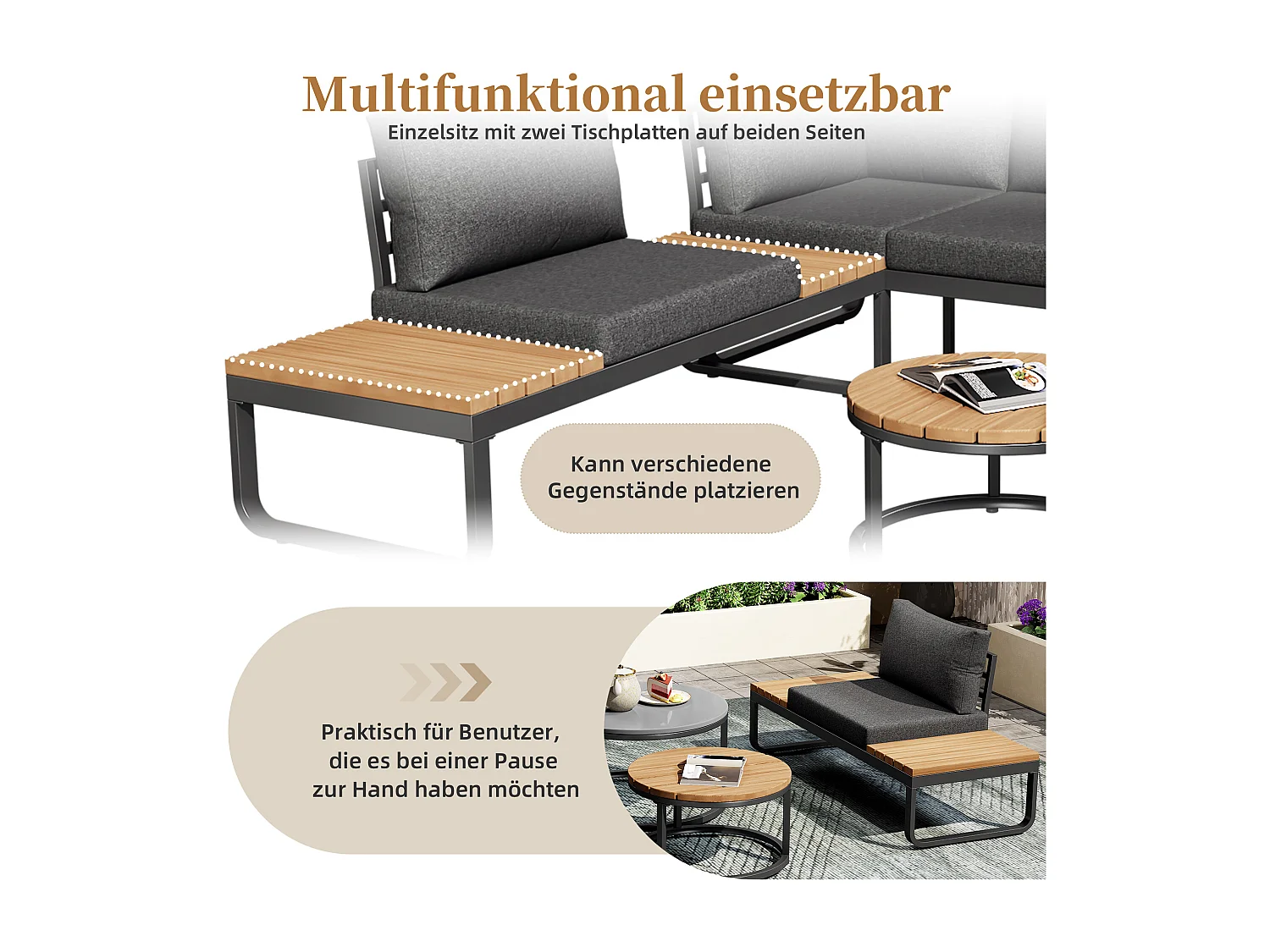 Salon de jardin modulable en fer galvanisé : 2 canapé 2 places + 1 canapé 1 place + 1 tabouret + tables basses gigognes - Gris