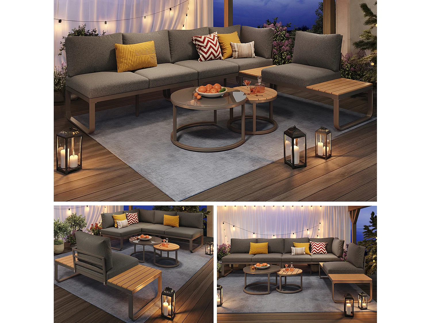 Zestaw mebli ogrodowych modułowych z ocynkowanego żelaza: 2 x 2-osobowe sofy + 1 x 1-osobowa sofa + 1 stołek + składane stoliki kawowe - Szary