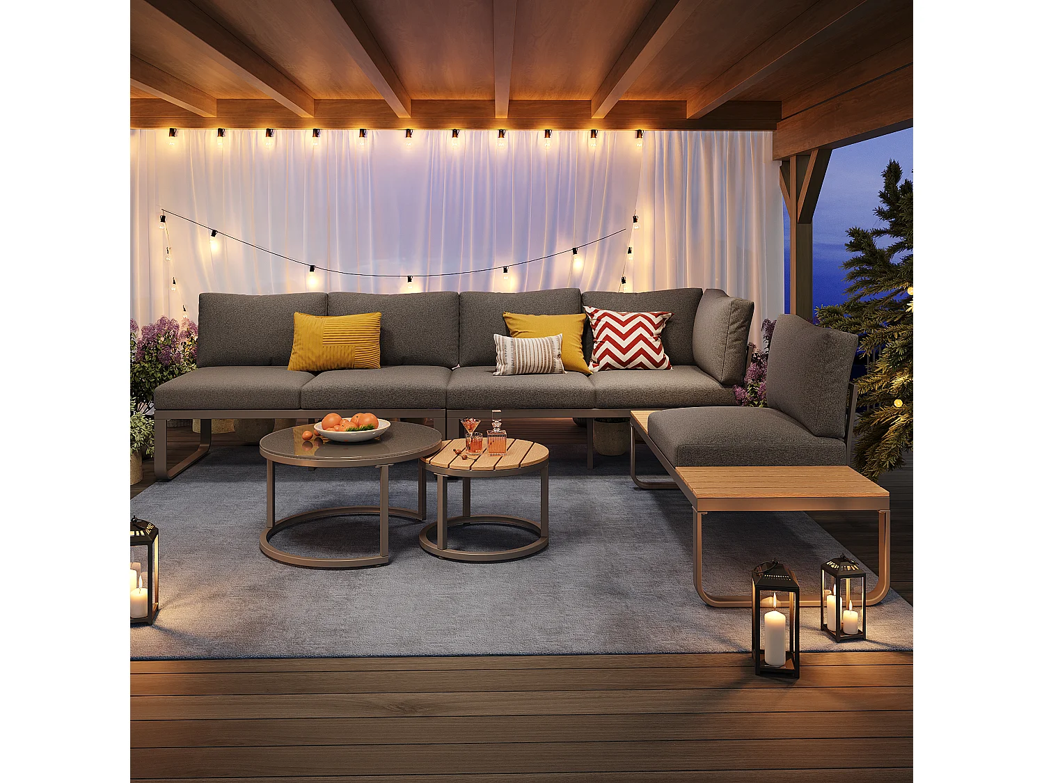 Zestaw mebli ogrodowych modułowych z ocynkowanego żelaza: 2 x 2-osobowe sofy + 1 x 1-osobowa sofa + 1 stołek + składane stoliki kawowe - Szary