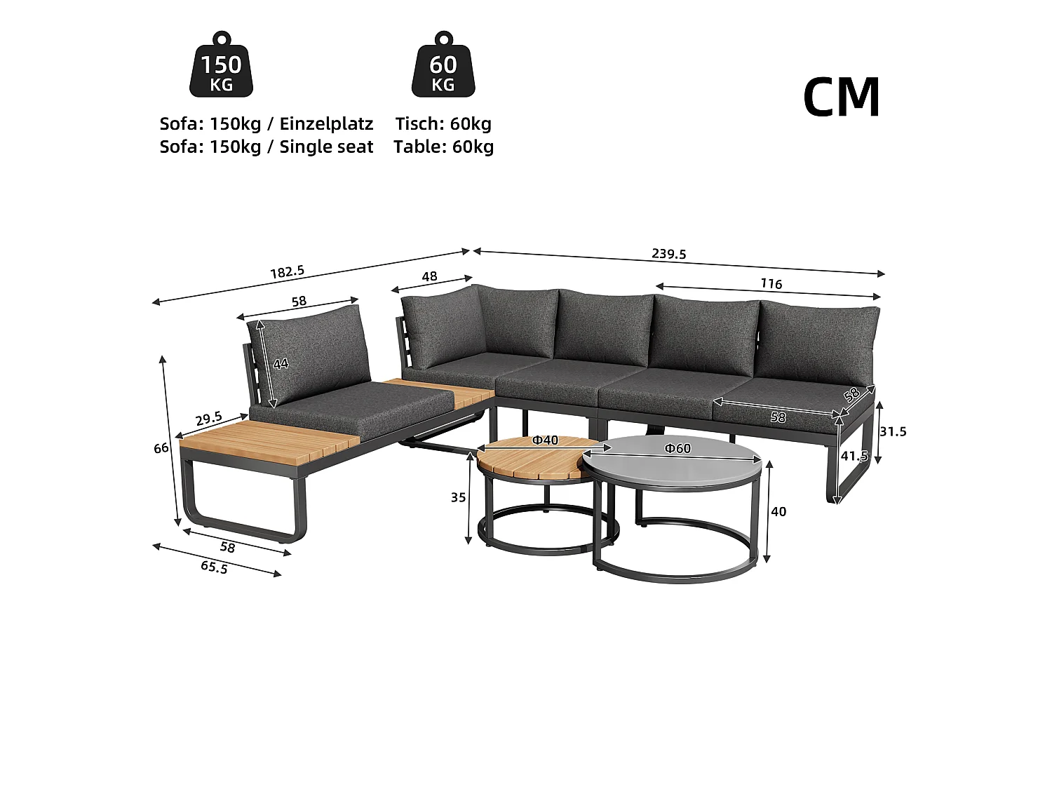 Zestaw mebli ogrodowych modułowych z ocynkowanego żelaza: 2 x 2-osobowe sofy + 1 x 1-osobowa sofa + 1 stołek + składane stoliki kawowe - Szary