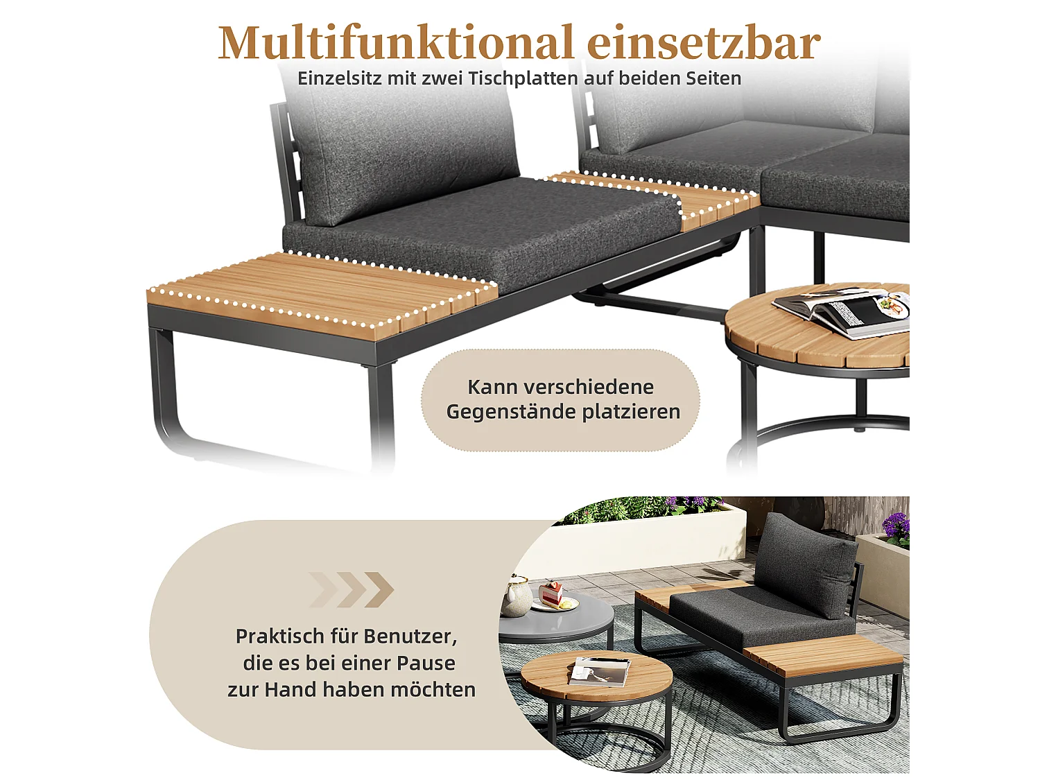 Zestaw mebli ogrodowych modułowych z ocynkowanego żelaza: 2 x 2-osobowe sofy + 1 x 1-osobowa sofa + 1 stołek + składane stoliki kawowe - Szary