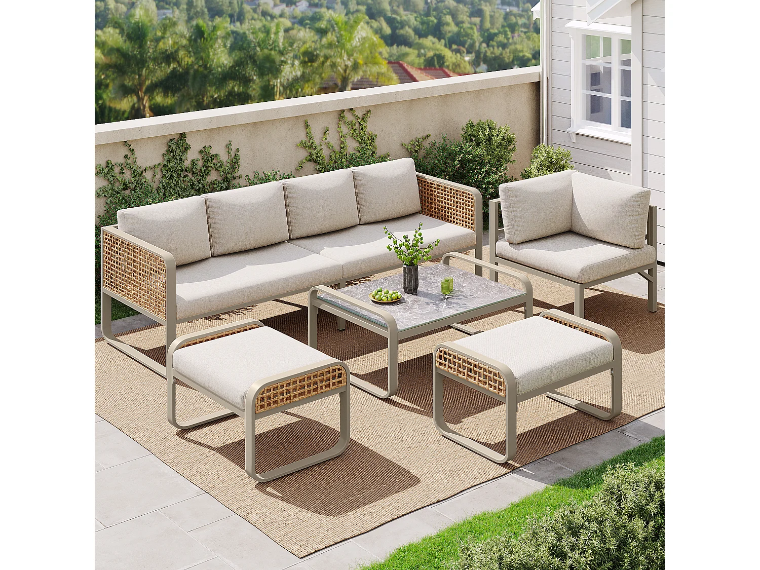 Arredo da giardino componibile in ferro zincato: 1 divano 3 posti + 1 divano 2 posti + 2 sgabelli + 1 tavolino - Beige