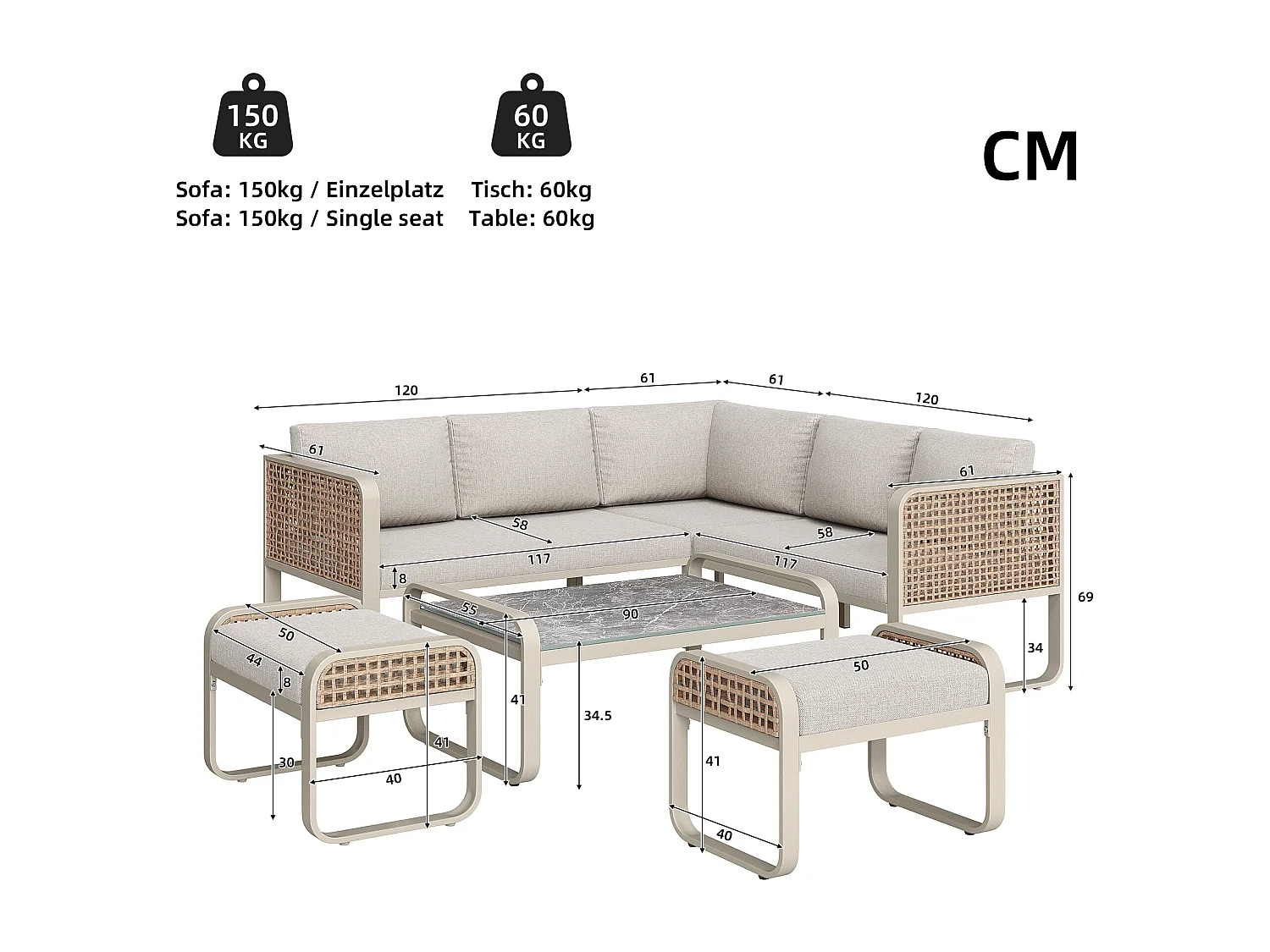 Arredo da giardino componibile in ferro zincato: 1 divano 3 posti + 1 divano 2 posti + 2 sgabelli + 1 tavolino - Beige