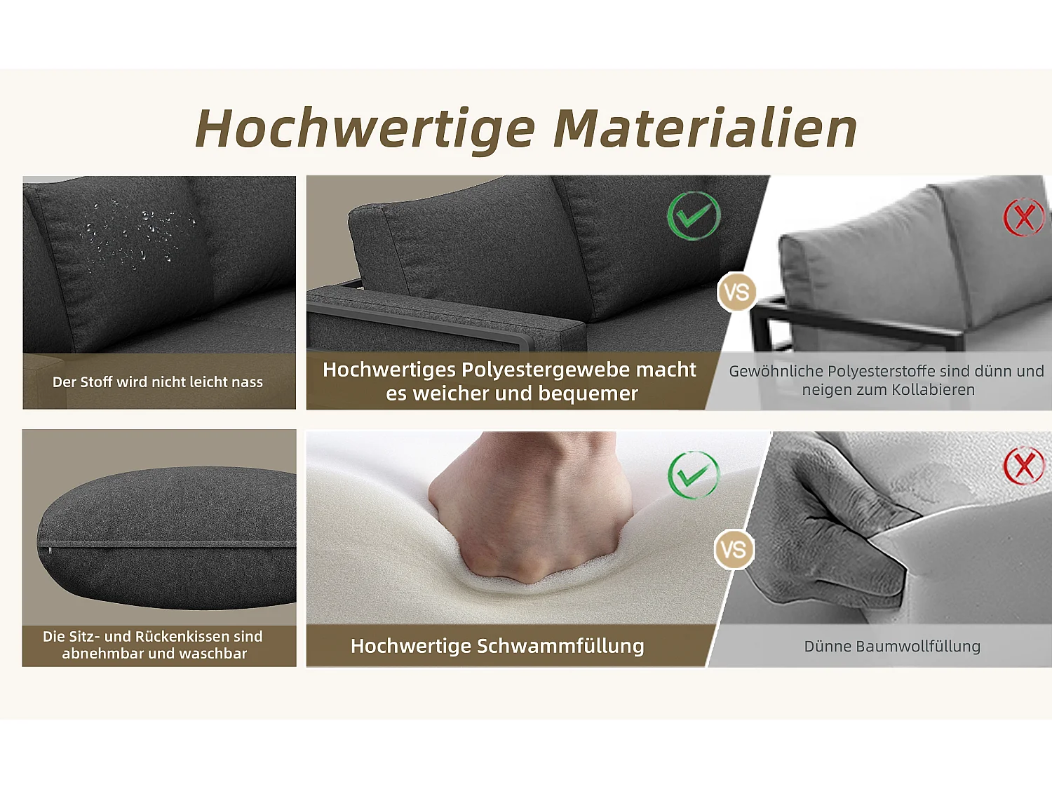 Salon de jardin d'angle en fer galvanisé : 1 canapé 5 places + table basse en verre trempé - Gris