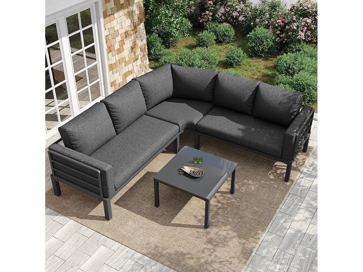 Salon de jardin d'angle en fer galvanisé : 1 canapé 5 places + table basse en verre trempé - Gris