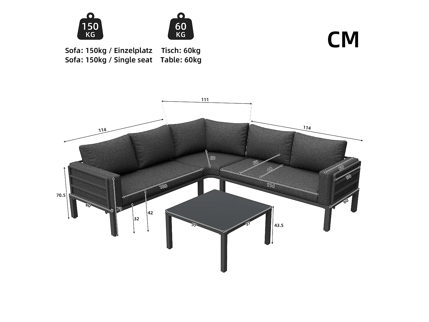 Salon de jardin d'angle en fer galvanisé : 1 canapé 5 places + table basse en verre trempé - Gris