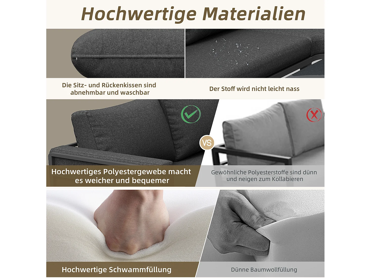 Salon de jardin d'angle en fer galvanisé : 1 canapé 5 places + table basse en verre trempé - Gris