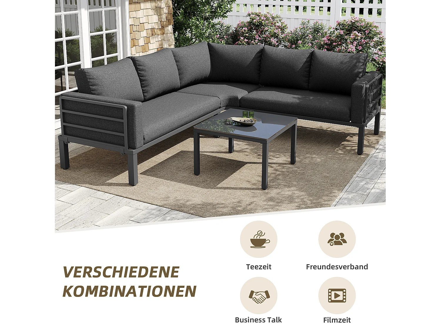 Salon de jardin d'angle en fer galvanisé : 1 canapé 5 places + table basse en verre trempé - Gris