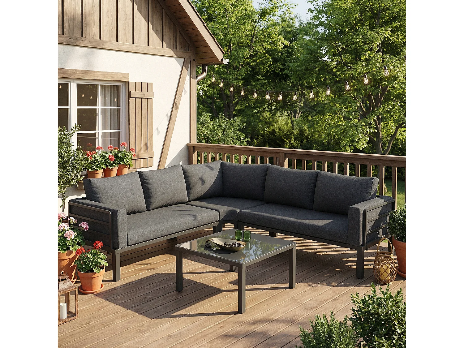 Salon de jardin d'angle en fer galvanisé : 1 canapé 5 places + table basse en verre trempé - Gris