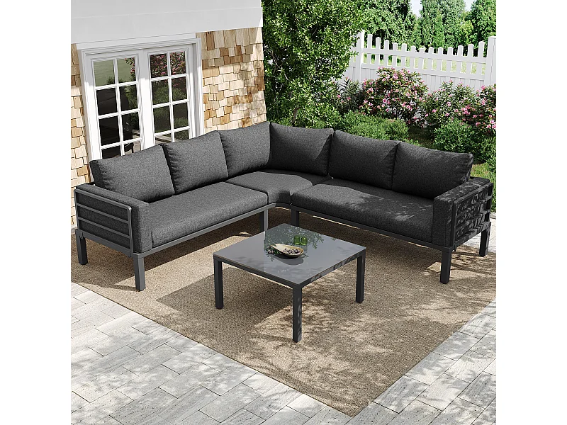 Gegalvaniseerd ijzeren hoektuinmeubel: 1 5-zitsbank + gehard glazen salontafel - Grijs