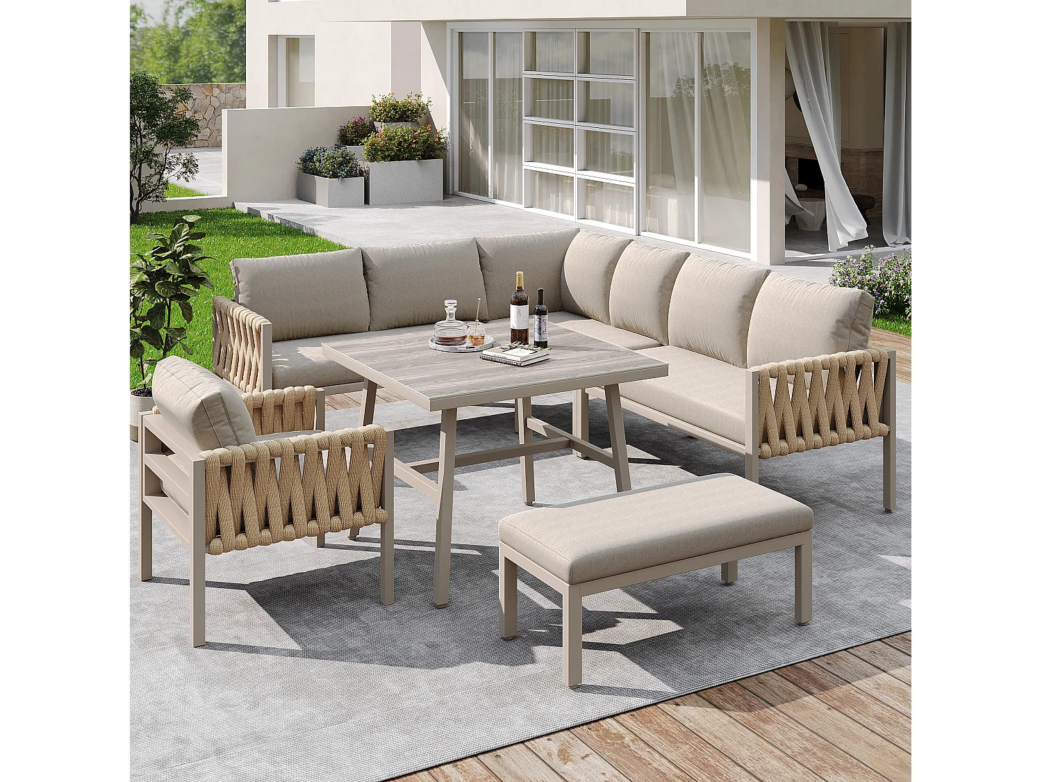 Salon de jardin modulable en fer galvanisé 8 places : 1 canapé 4 places + 1 canapé 2 places + 1 fauteuil et 1 banc - 1 table basse - Beige