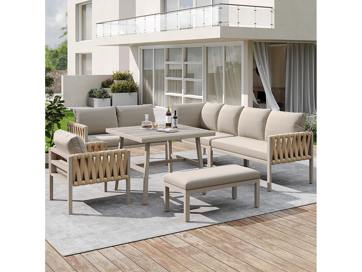 Salon de jardin modulable en fer galvanisé 8 places : 1 canapé 4 places + 1 canapé 2 places + 1 fauteuil et 1 banc - 1 table basse - Beige