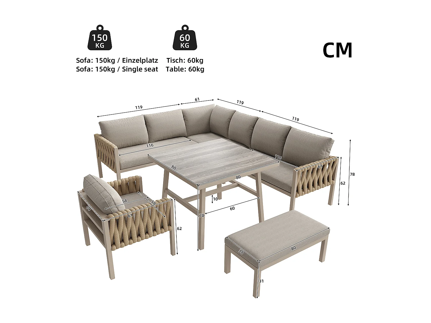 Salon de jardin modulable en fer galvanisé 8 places : 1 canapé 4 places + 1 canapé 2 places + 1 fauteuil et 1 banc - 1 table basse - Beige