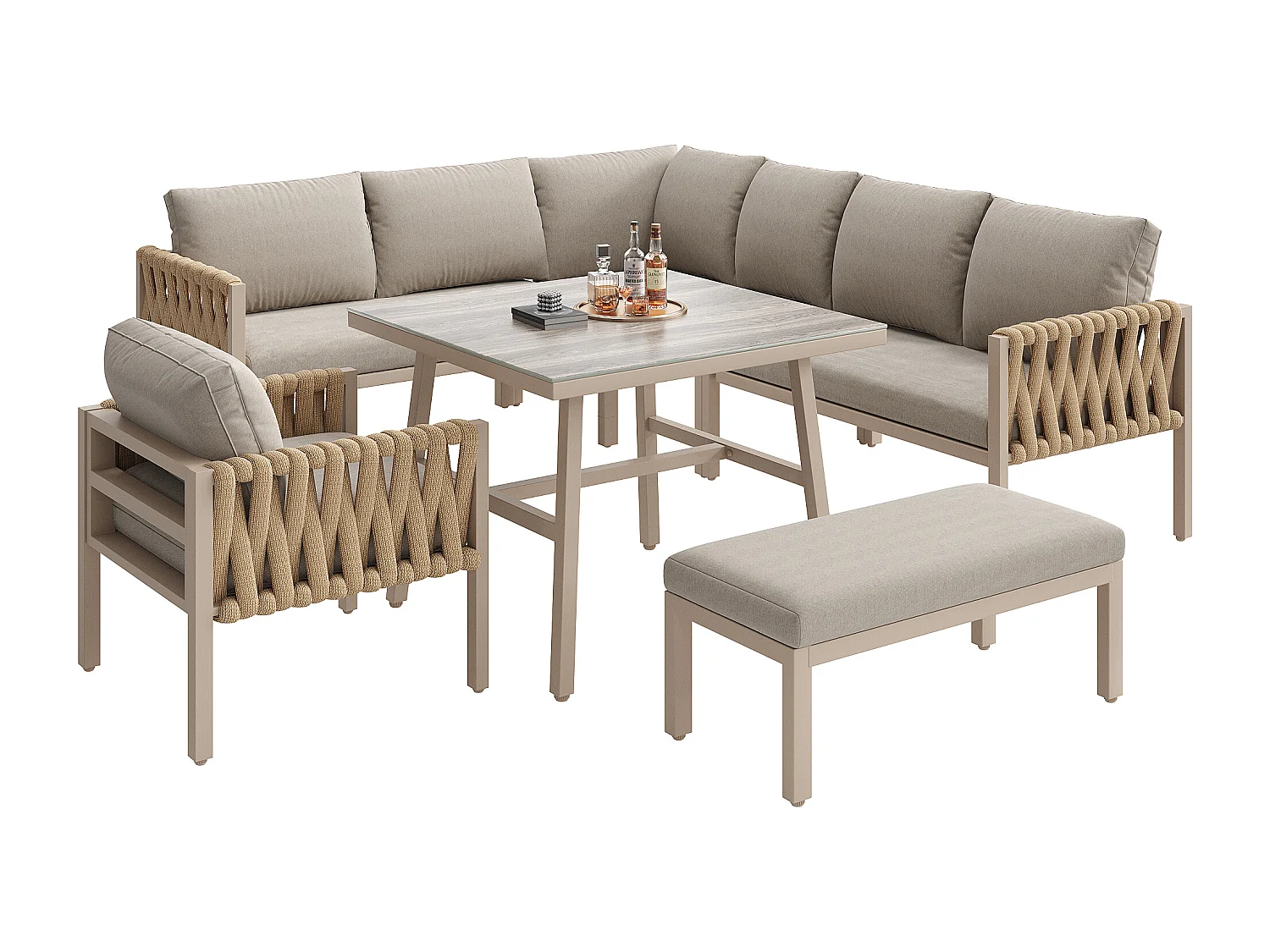 Salon de jardin modulable en fer galvanisé 8 places : 1 canapé 4 places + 1 canapé 2 places + 1 fauteuil et 1 banc - 1 table basse - Beige