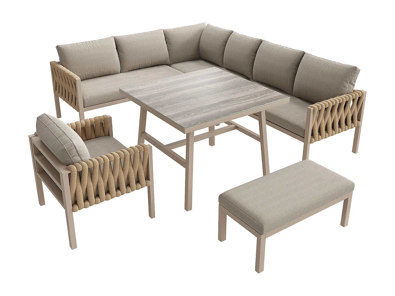 Salon de jardin modulable en fer galvanisé 8 places : 1 canapé 4 places + 1 canapé 2 places + 1 fauteuil et 1 banc - 1 table basse - Beige