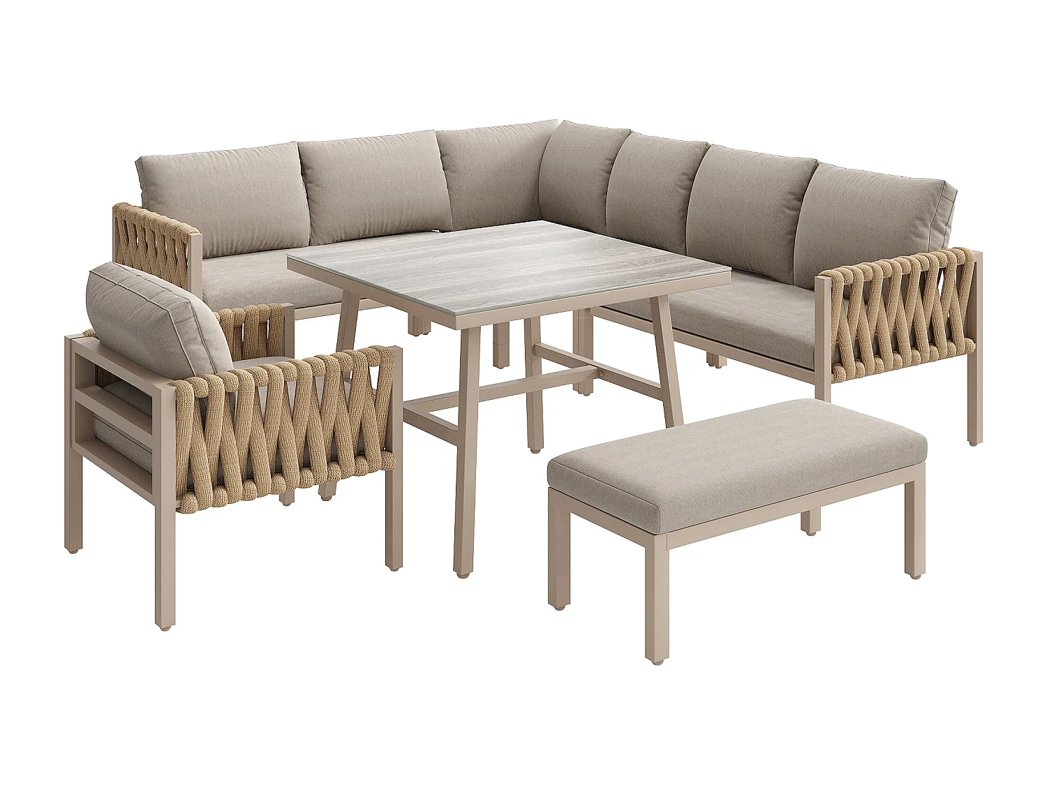 Salon de jardin modulable en fer galvanisé 8 places : 1 canapé 4 places + 1 canapé 2 places + 1 fauteuil et 1 banc - 1 table basse - Beige