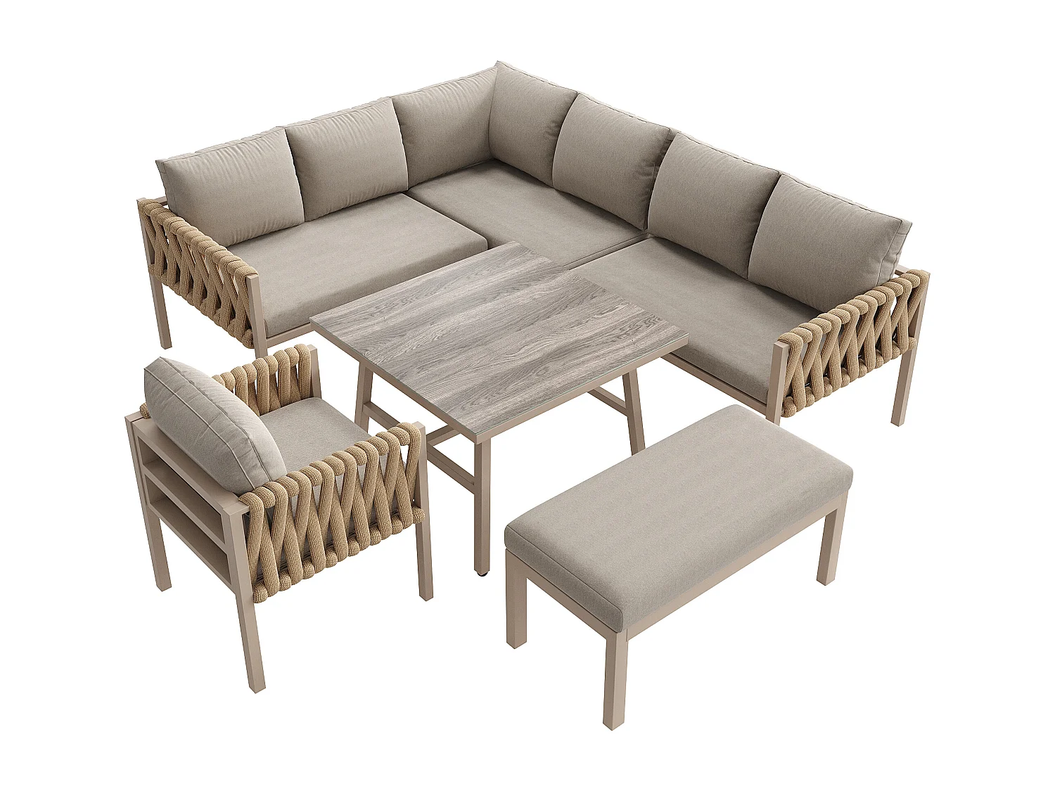 Salon de jardin modulable en fer galvanisé 8 places : 1 canapé 4 places + 1 canapé 2 places + 1 fauteuil et 1 banc - 1 table basse - Beige