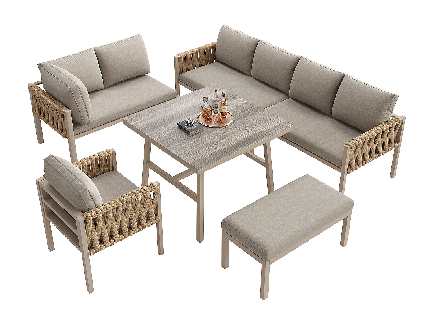 Salon de jardin modulable en fer galvanisé 8 places : 1 canapé 4 places + 1 canapé 2 places + 1 fauteuil et 1 banc - 1 table basse - Beige