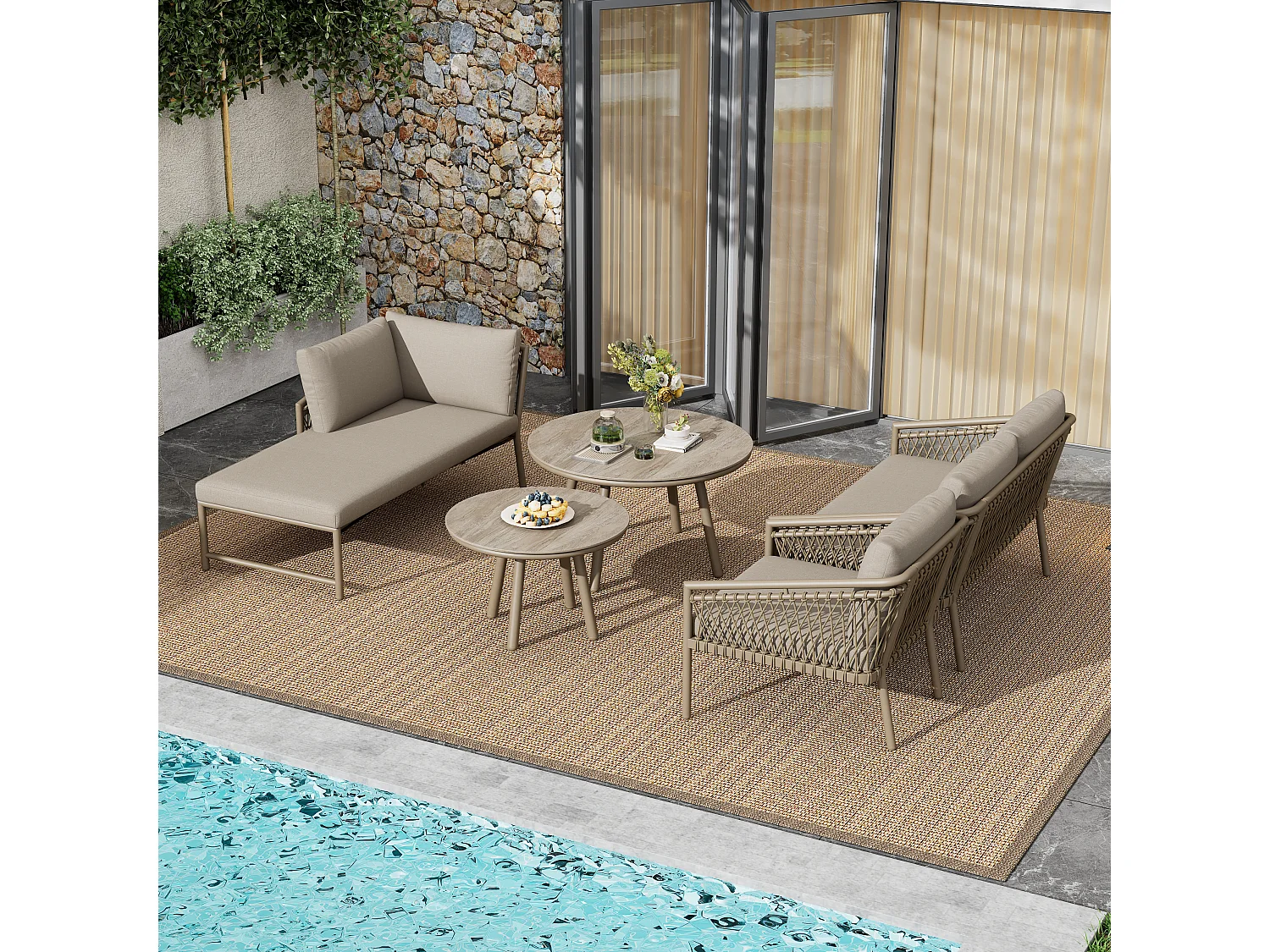 Arredo da giardino componibile in ferro e corda: 2 divani 2 posti + 1 poltrona + tavolini impilabili - cachi