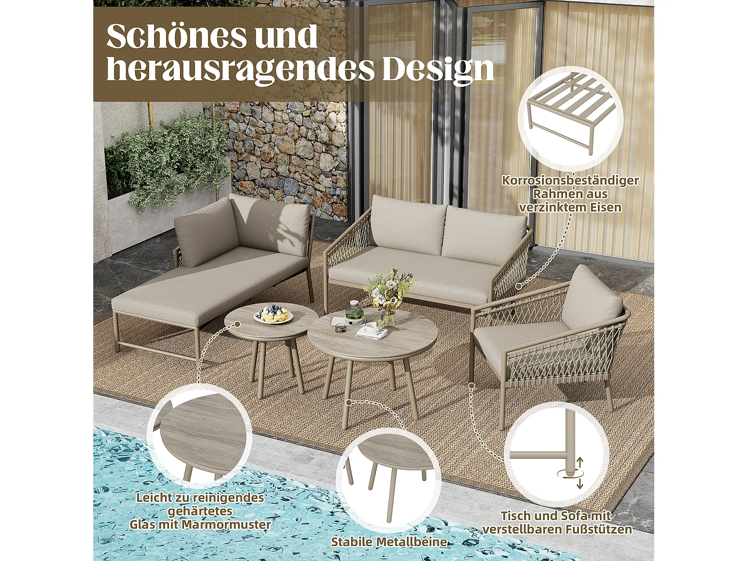 Arredo da giardino componibile in ferro e corda: 2 divani 2 posti + 1 poltrona + tavolini impilabili - cachi