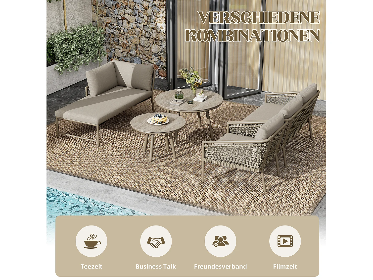 Arredo da giardino componibile in ferro e corda: 2 divani 2 posti + 1 poltrona + tavolini impilabili - cachi