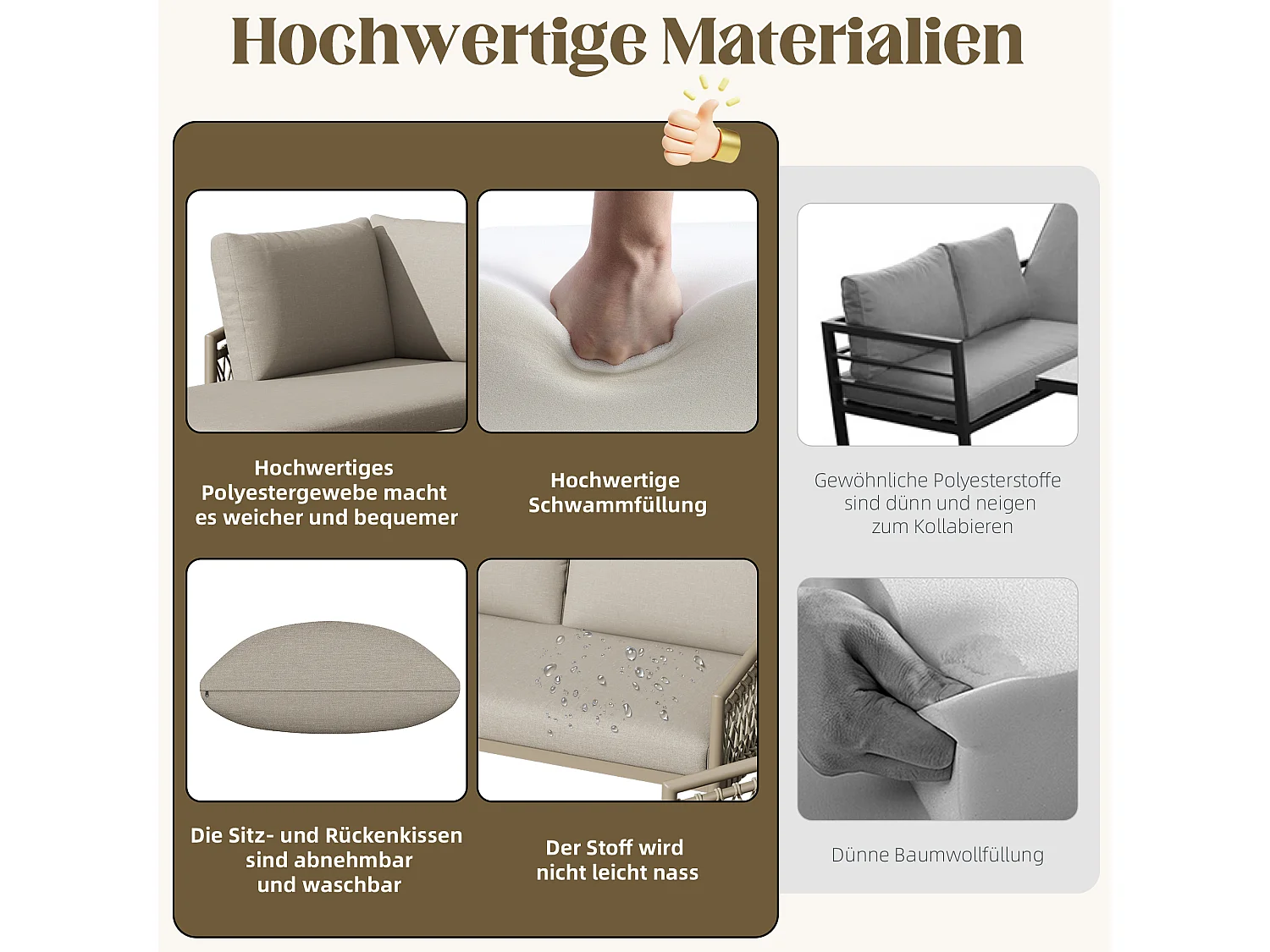 Arredo da giardino componibile in ferro e corda: 2 divani 2 posti + 1 poltrona + tavolini impilabili - cachi