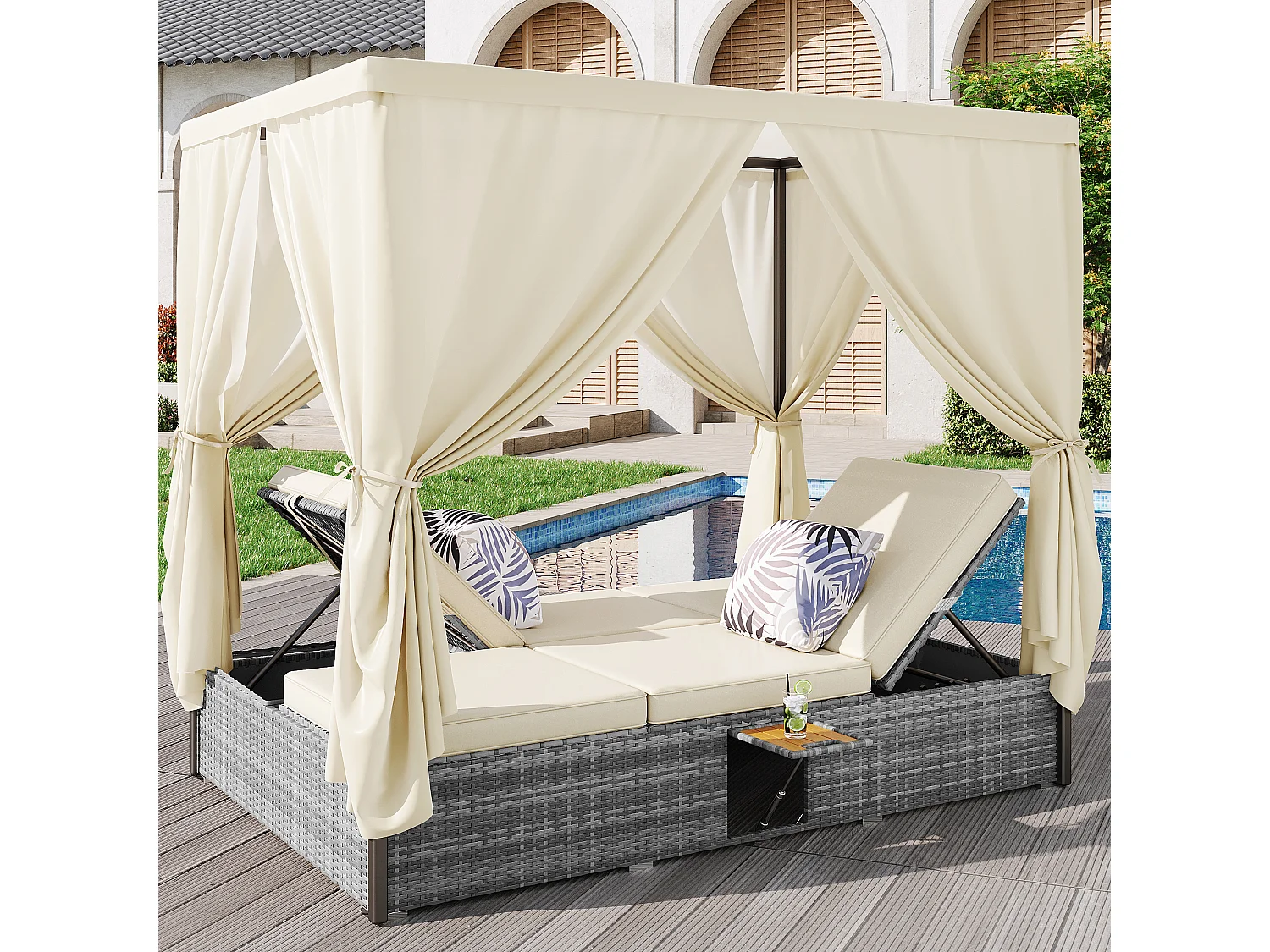 Salon de jardin relevable 2 places, Chaise longue de jardin en rotin polyester - rideau d'ombrage - 2 tables basses pliables - Gris + blanc